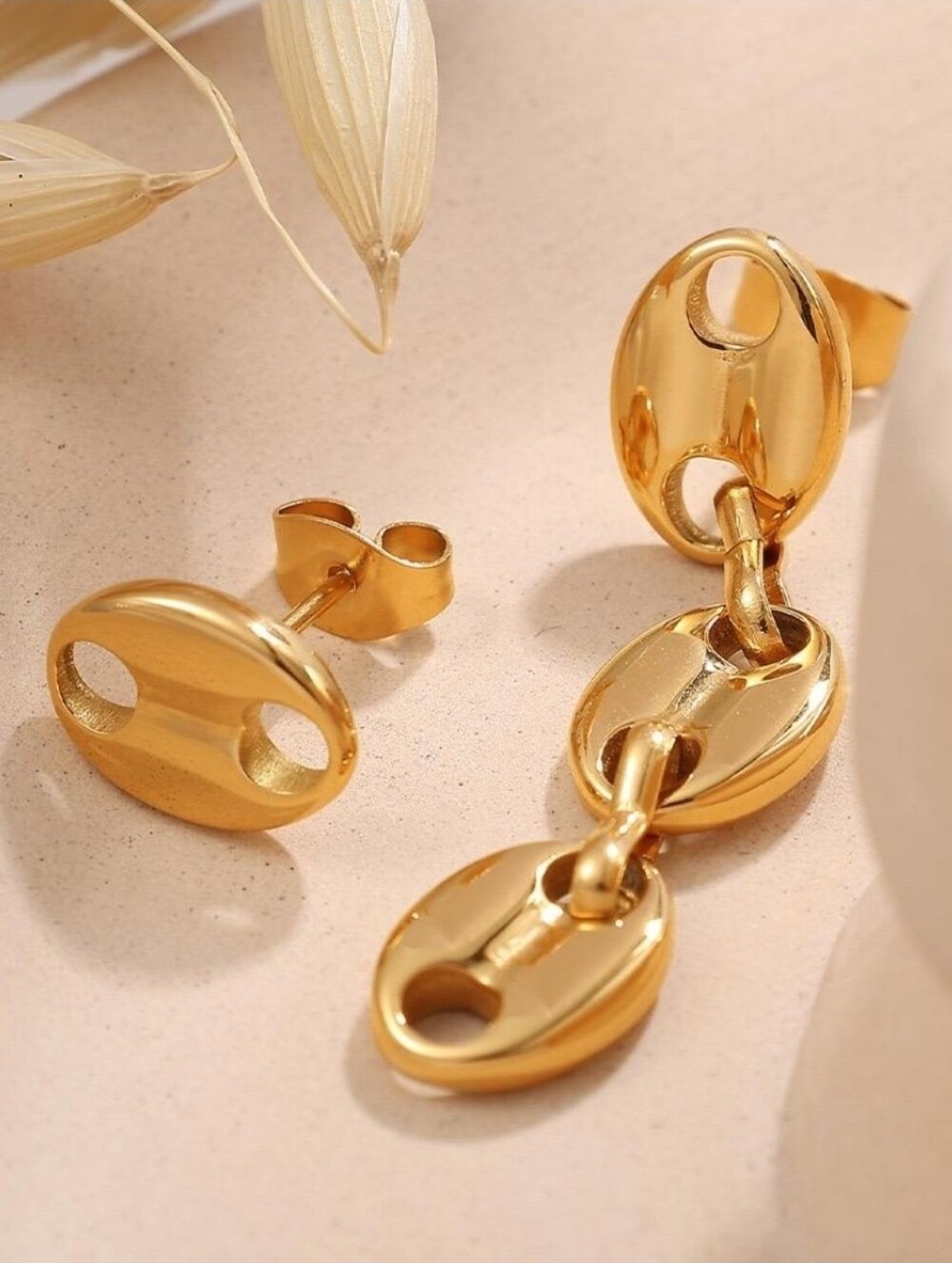 Gold Asymmetrical Coffee Bean Link Earrings Dangle Stud Set